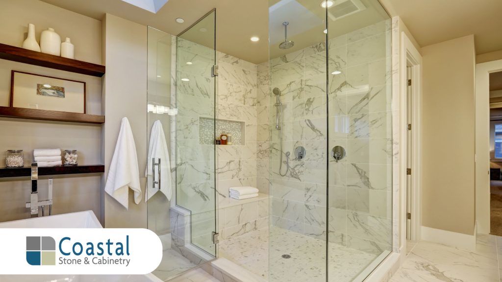 Stone tile shower design in a modern Baldwin County bathroom